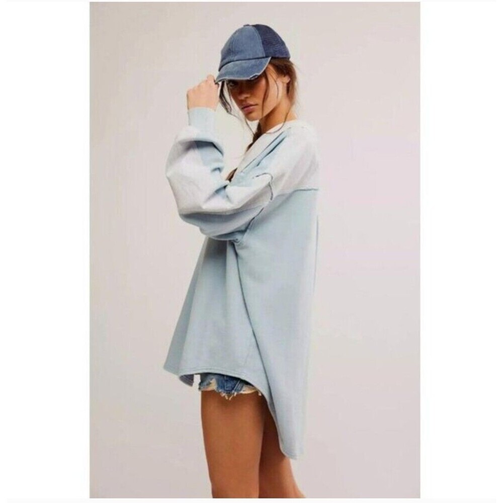 Oversized Striped Sweatshirt XS Slouchy Casual Blue Free People Madeline - Picture 2 of 12